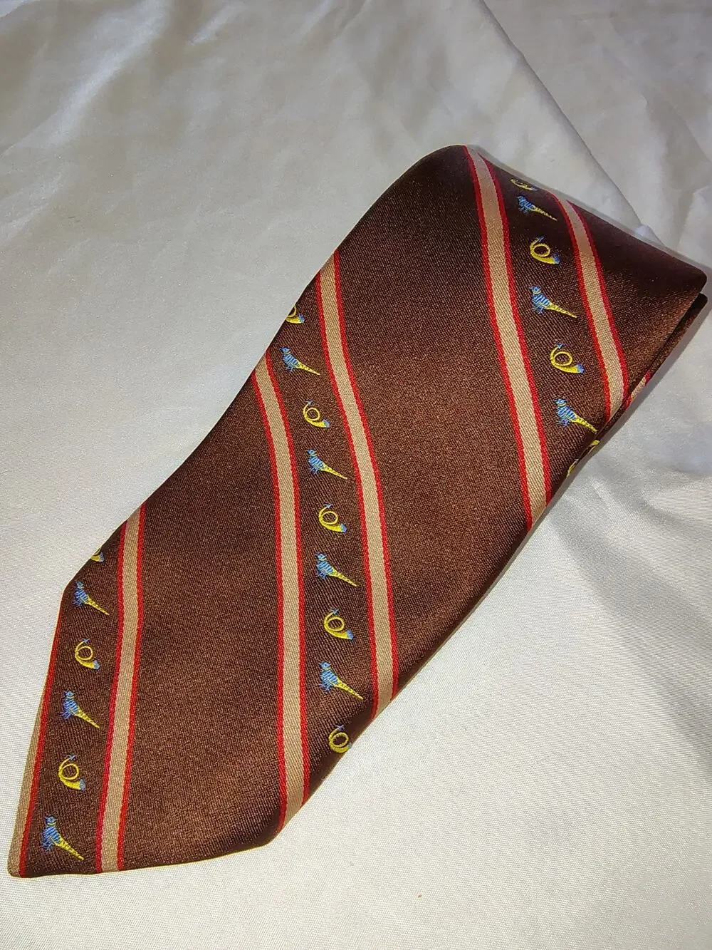 Vintage Rooster Ruffler Brown Polyester Necktie Horns And Pheasants Hunting